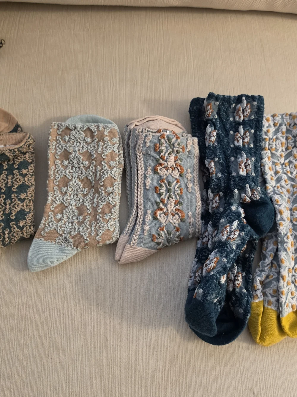 Women's Pink Floral Textured Socks And Blue Tan Multicolored Dress Socks